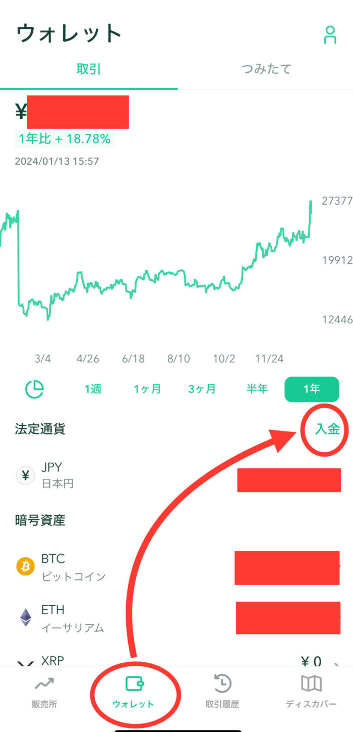 コインチェックに入金をします。